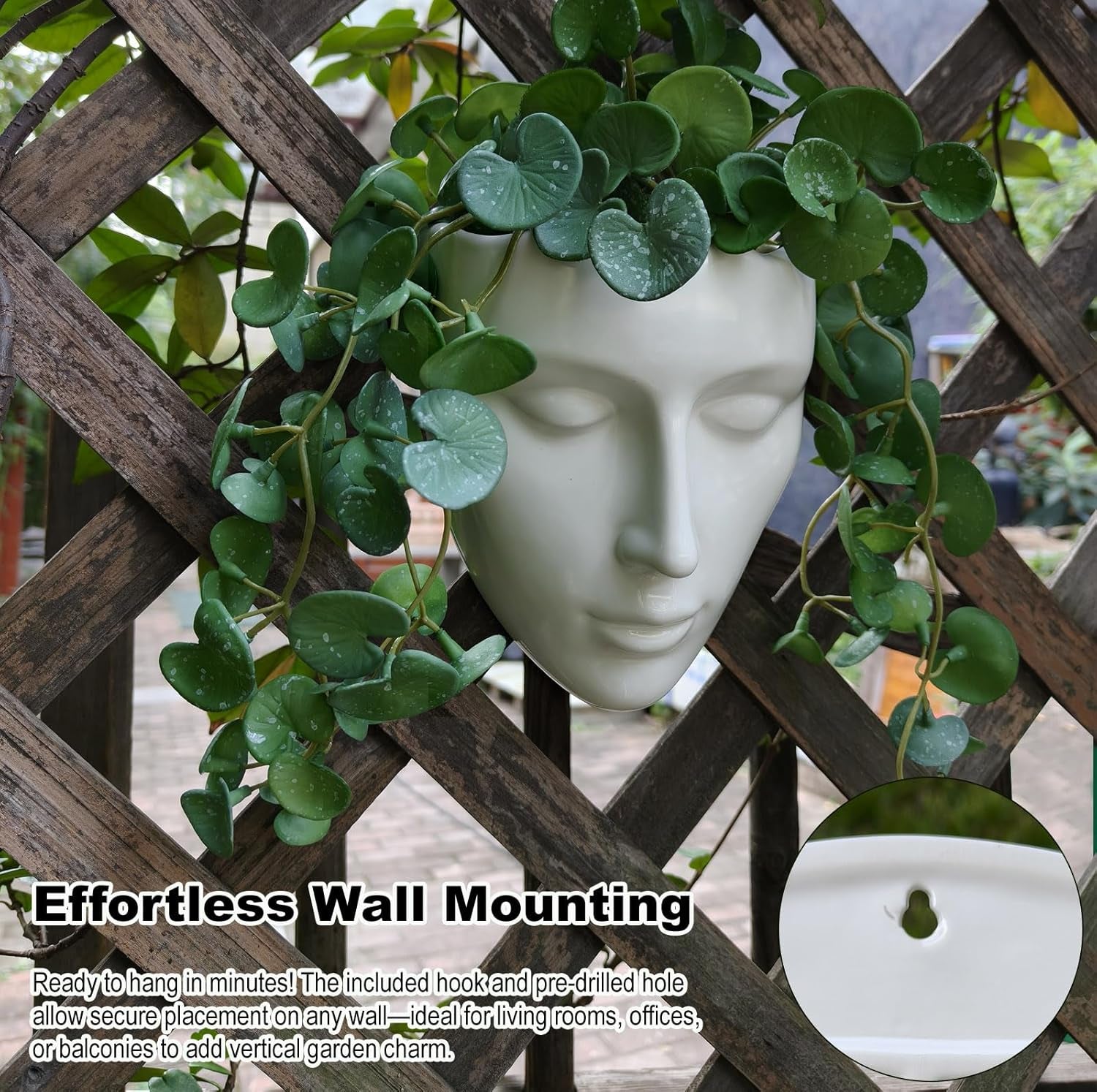 Ceramic Face Wall Planter, White Head Vase with Drainage Hole, Modern Art Indoor Outdoor Wall Mounted Succulent Planter, Elegant Home Garden Decor