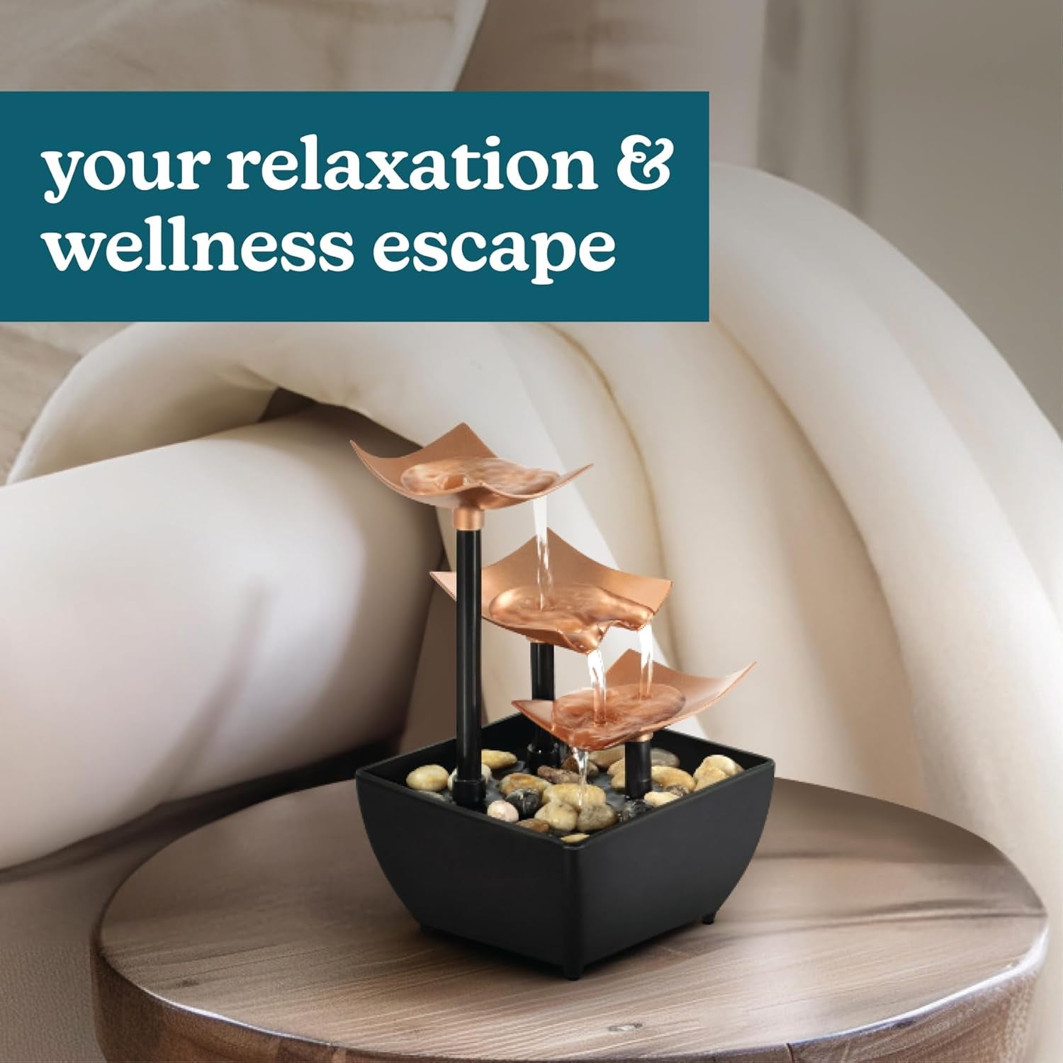 Tabletop Water Fountain, 3 Tier Indoor Waterfall Fountain with Natural River Rocks, Quiet Pump for Relaxation, Zen Home & Office Desk Décor, AA Battery Powered