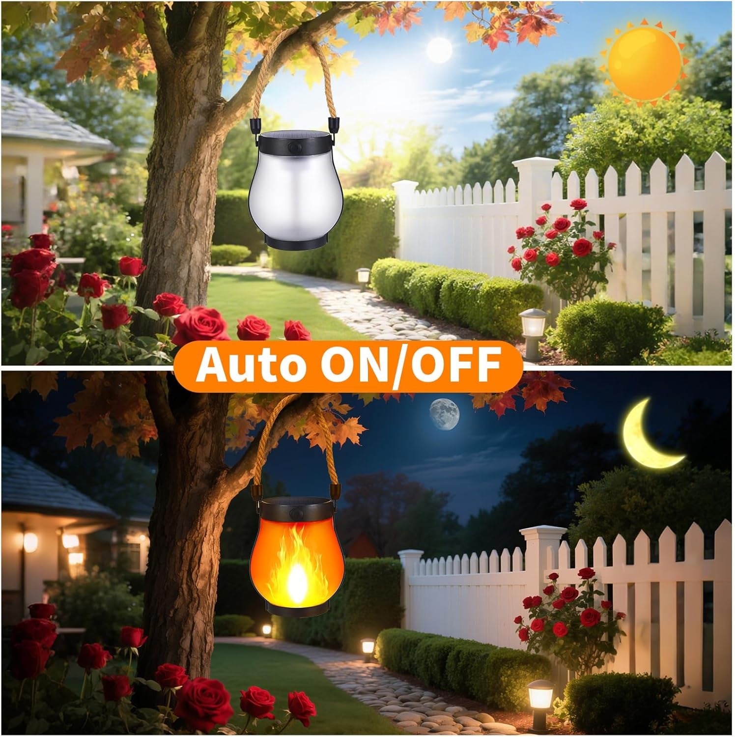 2 Pack Solar Flame Lantern Lights — Flickering Flame Hanging Lanterns Outdoor, Waterproof Garden Lights with 2 Modes Dual Charging USB & Solar Yard, Patio Decor