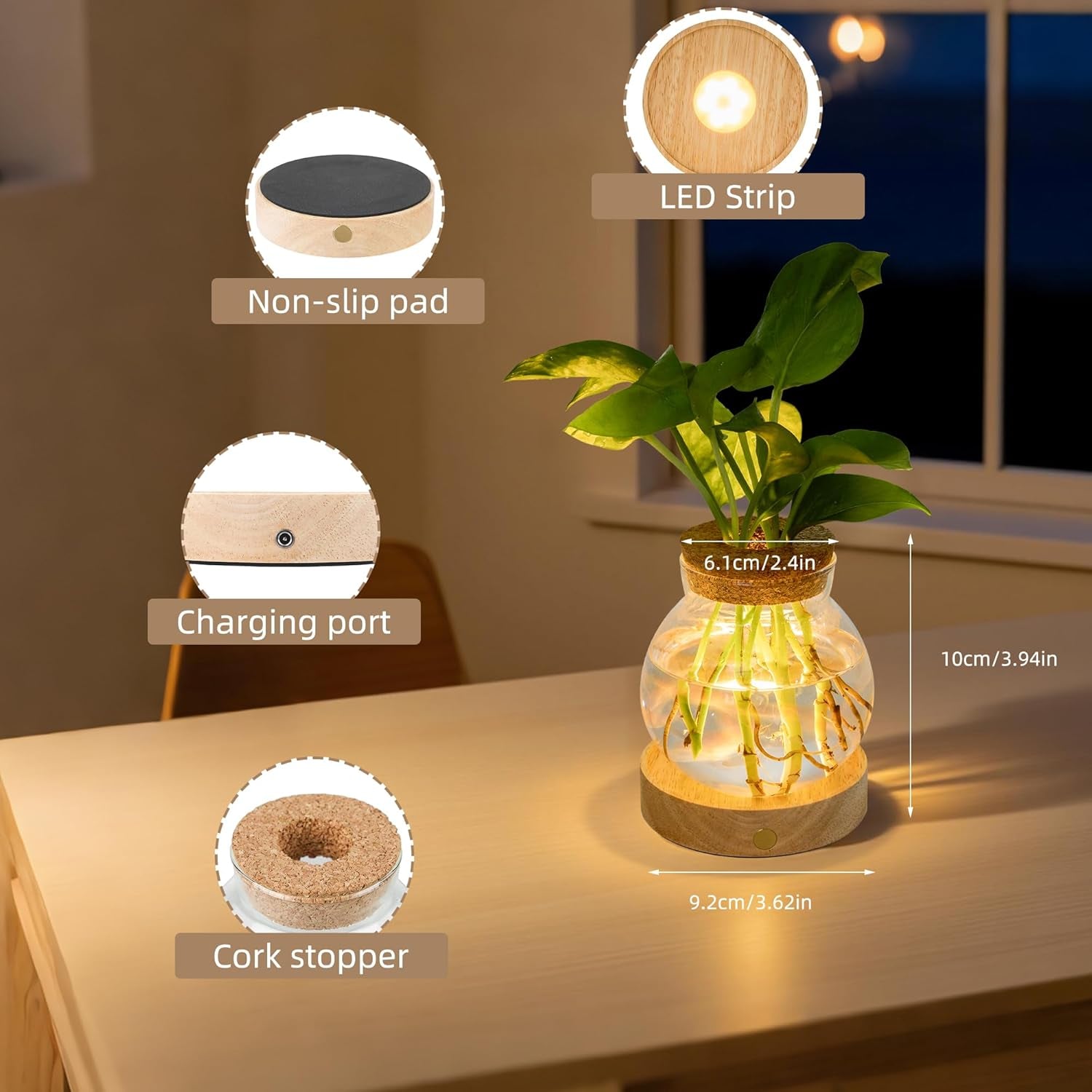 Plant Propagation Station with Light, Valentines Day Glass Terrarium with Stepless Dimming Function Hydroponic Glass Container Vase Jars Gardening Gifts for Mom Women Plant Lovers