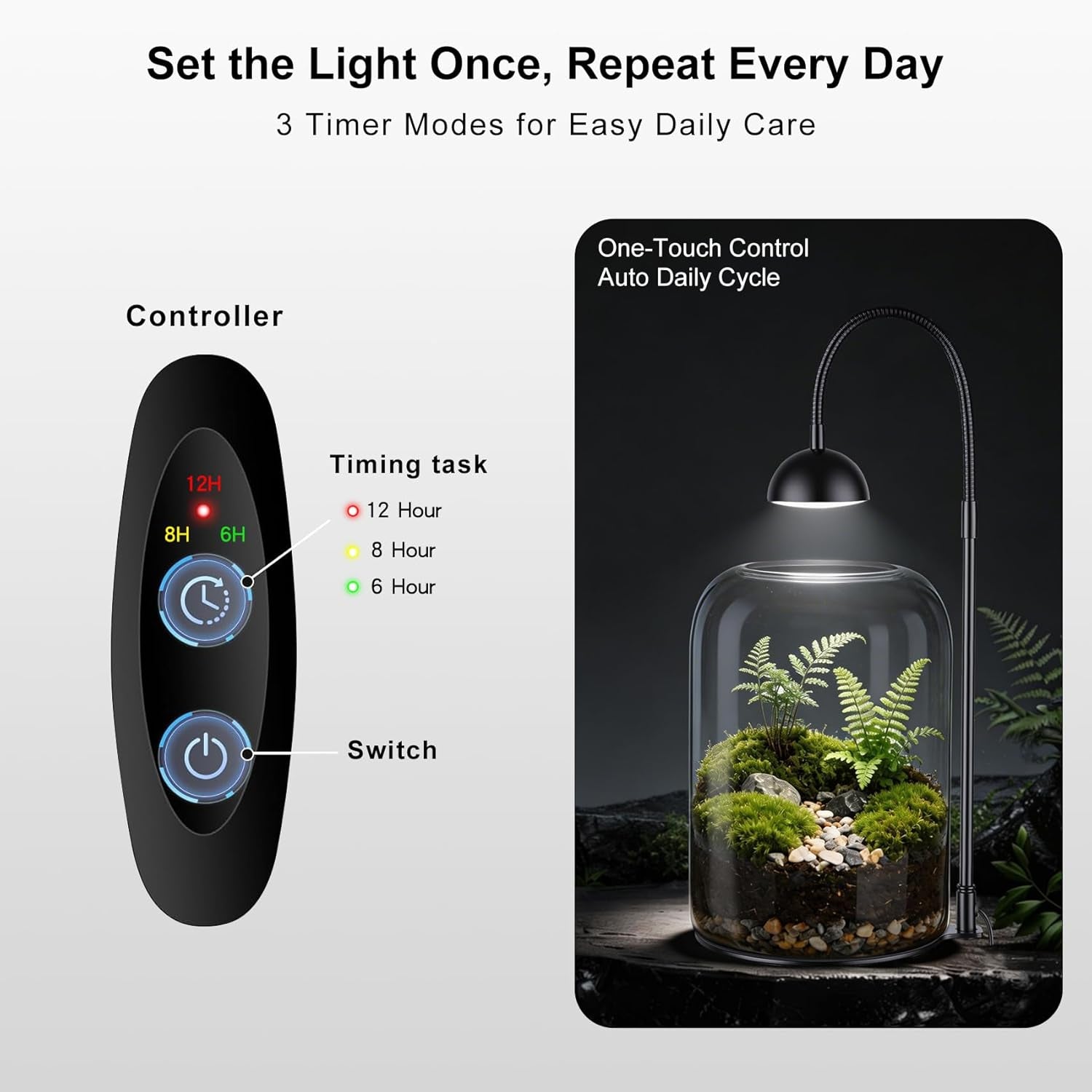 Glass Plant Terrarium with LED Grow Light & Adjustable Ventilation, 8.2" Desktop Terrarium for Venus Fly Trap, Moss & Succulents, Borosilicate Indoor Planter for Home Office Decor