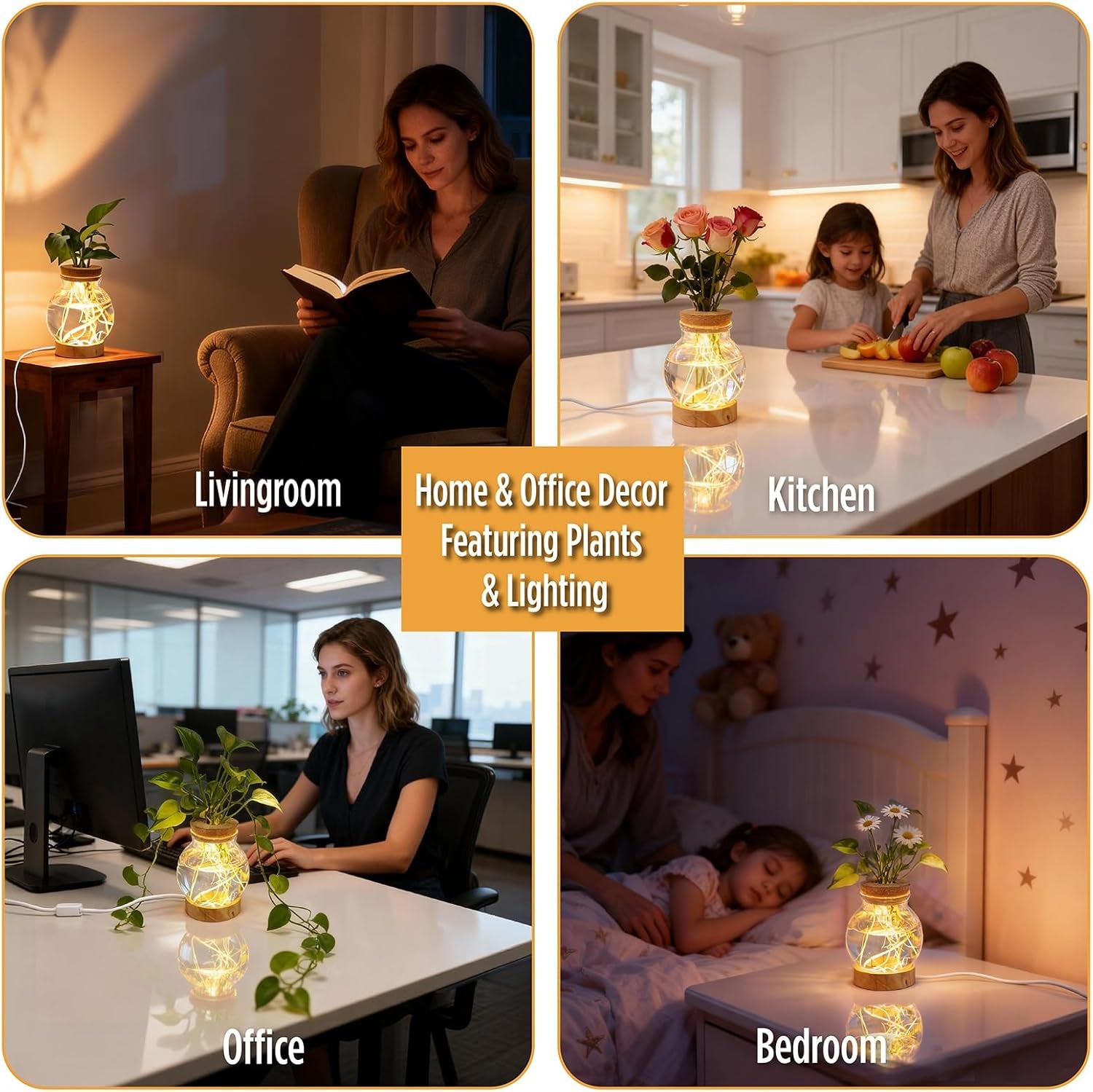 Plant Propagation Station with 9-Level Adjustable LED Light, Glass Planter Station with Waterproof Lighted Wooden Base, Desktop Hydroponic Plants Terrarium Vases Jars for Home & Office Decor