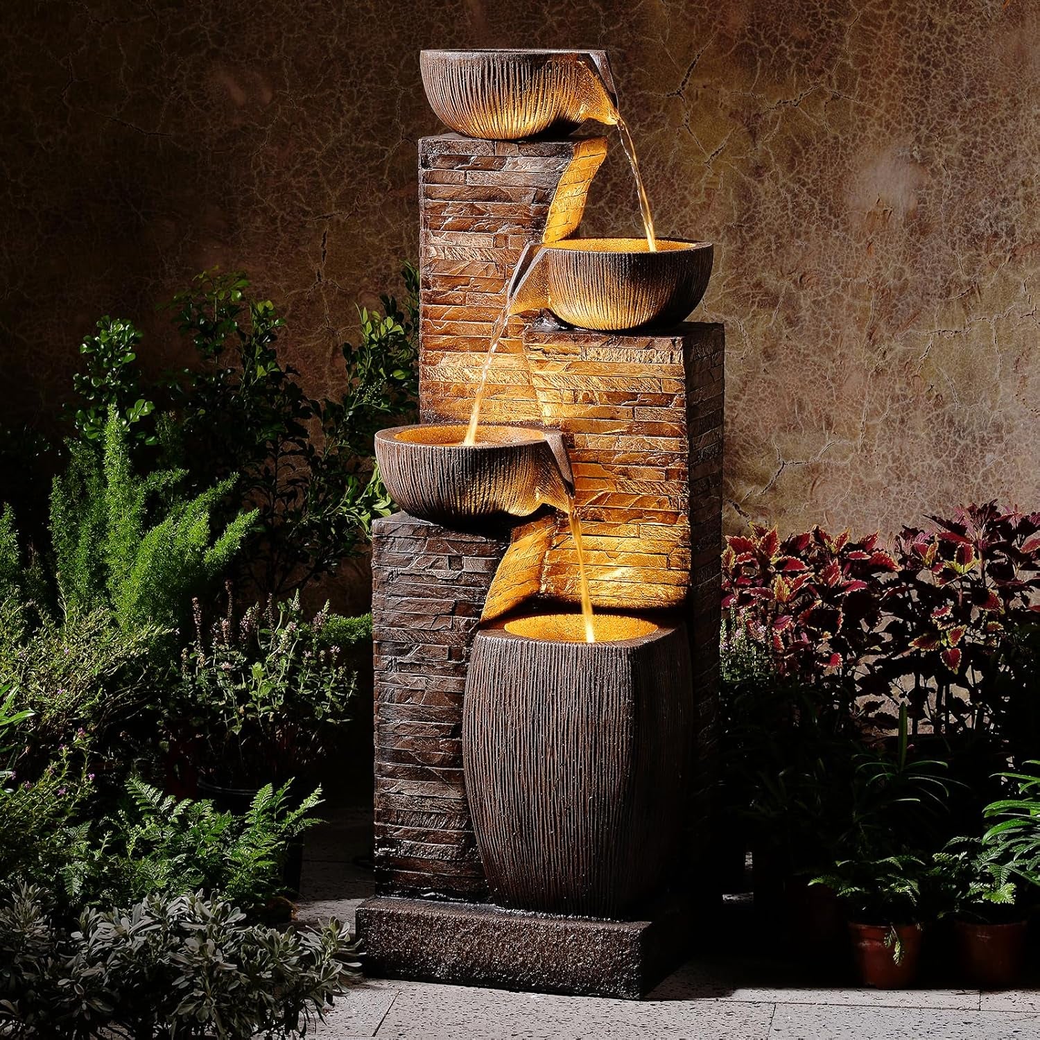 38.2" Tall Water Fountain Outdoor Garden,4 Tiers Modern Cascading Bowls and Stacked Stones Indoor Fountains with LED Lights for Patio, Deck, Porch, Backyard and Home Art Decor(Reddish-Brown