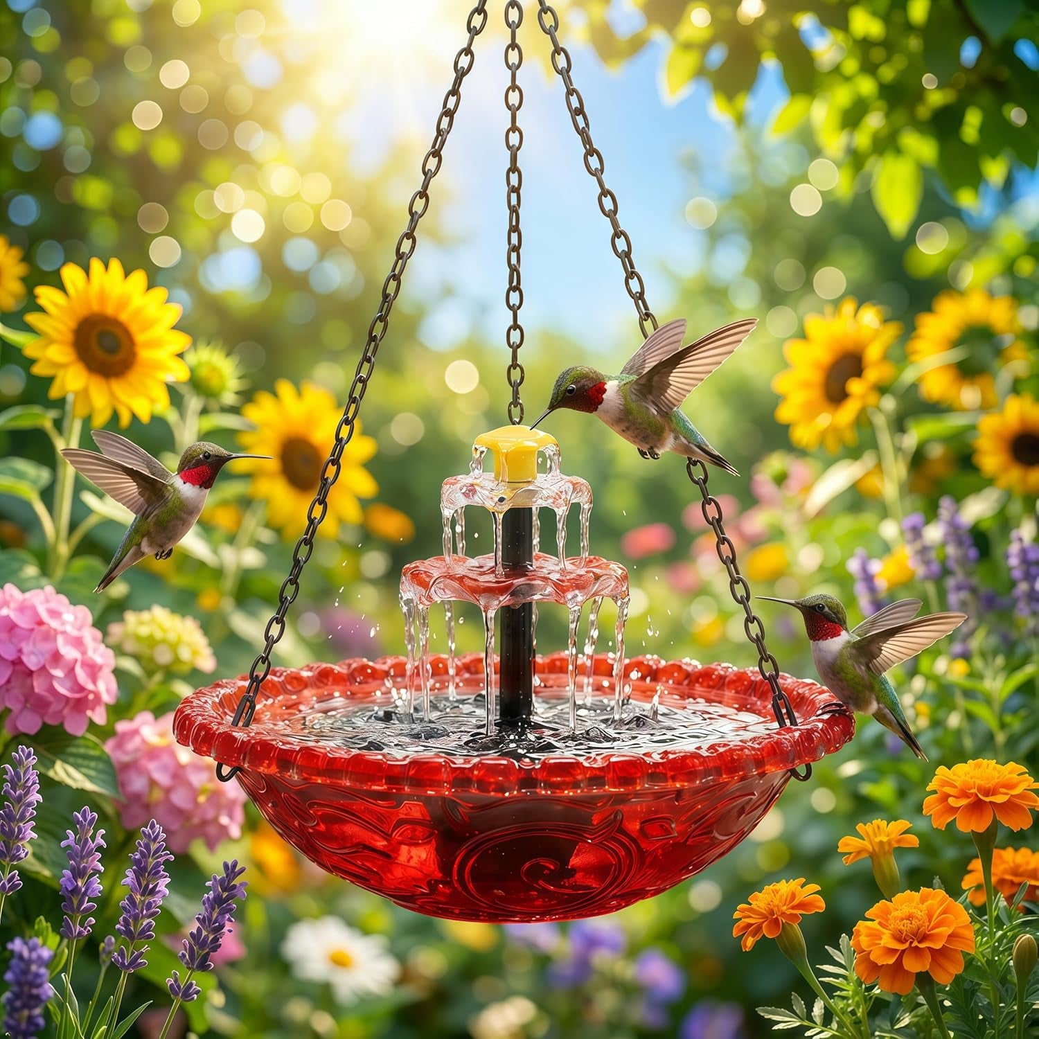 Solar Cascade Hanging Bird Bath Fountain, 2026 Upgraded Hanging Bird Bath with Flowing Water for Outdoors Garden Patio Backyard Lawn Decor (Red)