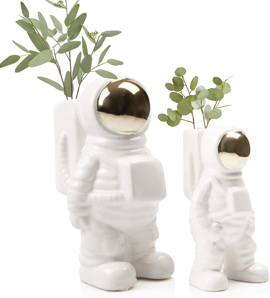 - Astronaut Shape Vase, Planter Simple Modern Flower Bud Vase, White and Gold (Medium)