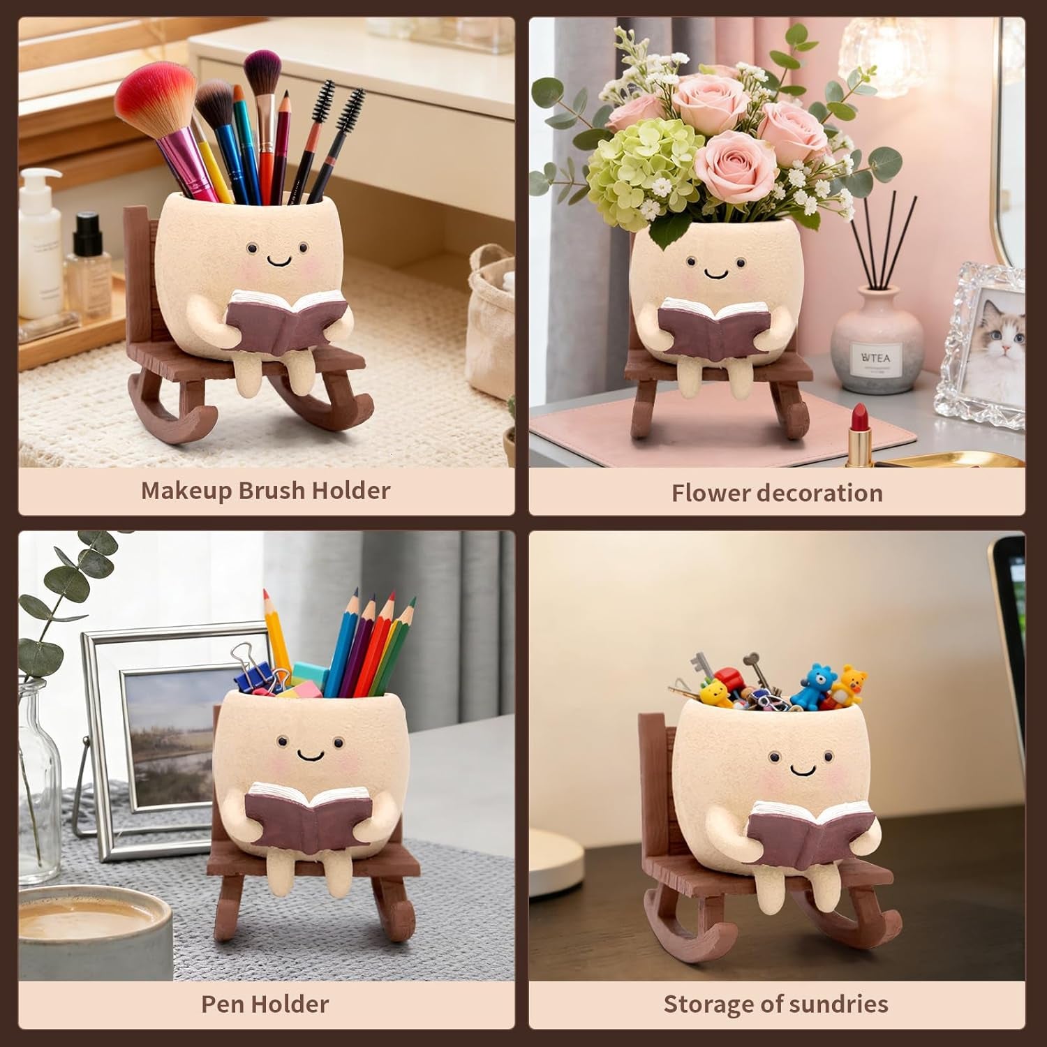 Rocking Chair Book Planter, Cute Smiley Face Succulent Plant Pots for Indoor Outdoor Plants, Unique Funny Flower Pots with Drainage Hole, Plant Gifts for Mother'S Day, Birthday, Christmas