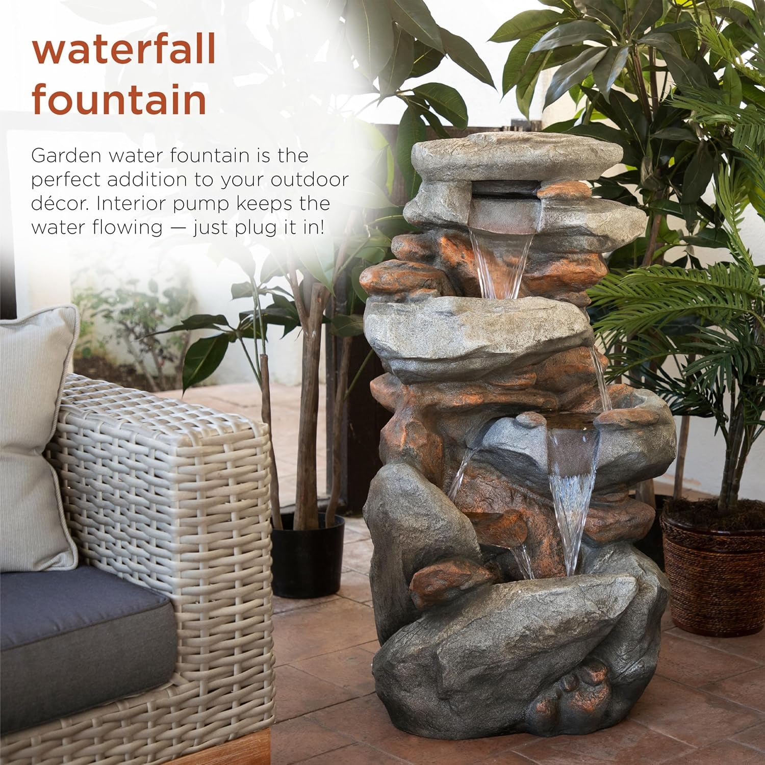 | 40" 4-Tier Rock Floor Fountain with Cascading Water & White LED Lights, Tranquil Outdoor Water Feature for Garden, Patio, Yard & Deck, Light Gray