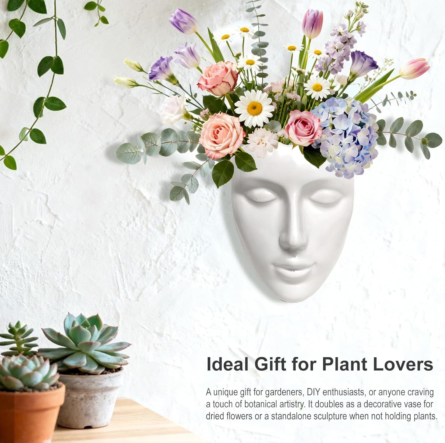 Ceramic Face Wall Planter, White Head Vase with Drainage Hole, Modern Art Indoor Outdoor Wall Mounted Succulent Planter, Elegant Home Garden Decor