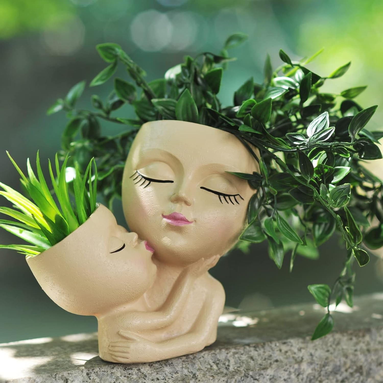 Head Planter Mother and Child Cute Face Planter Pots Head Resin Flower Pots for Indoor Plants with Drainage Hole(Mother&Child-Khaki)