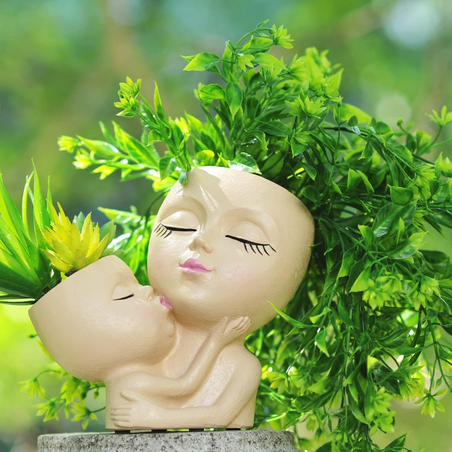 Head Planter Mother and Child Cute Face Planter Pots Head Resin Flower Pots for Indoor Plants with Drainage Hole(Mother&Child-Khaki)