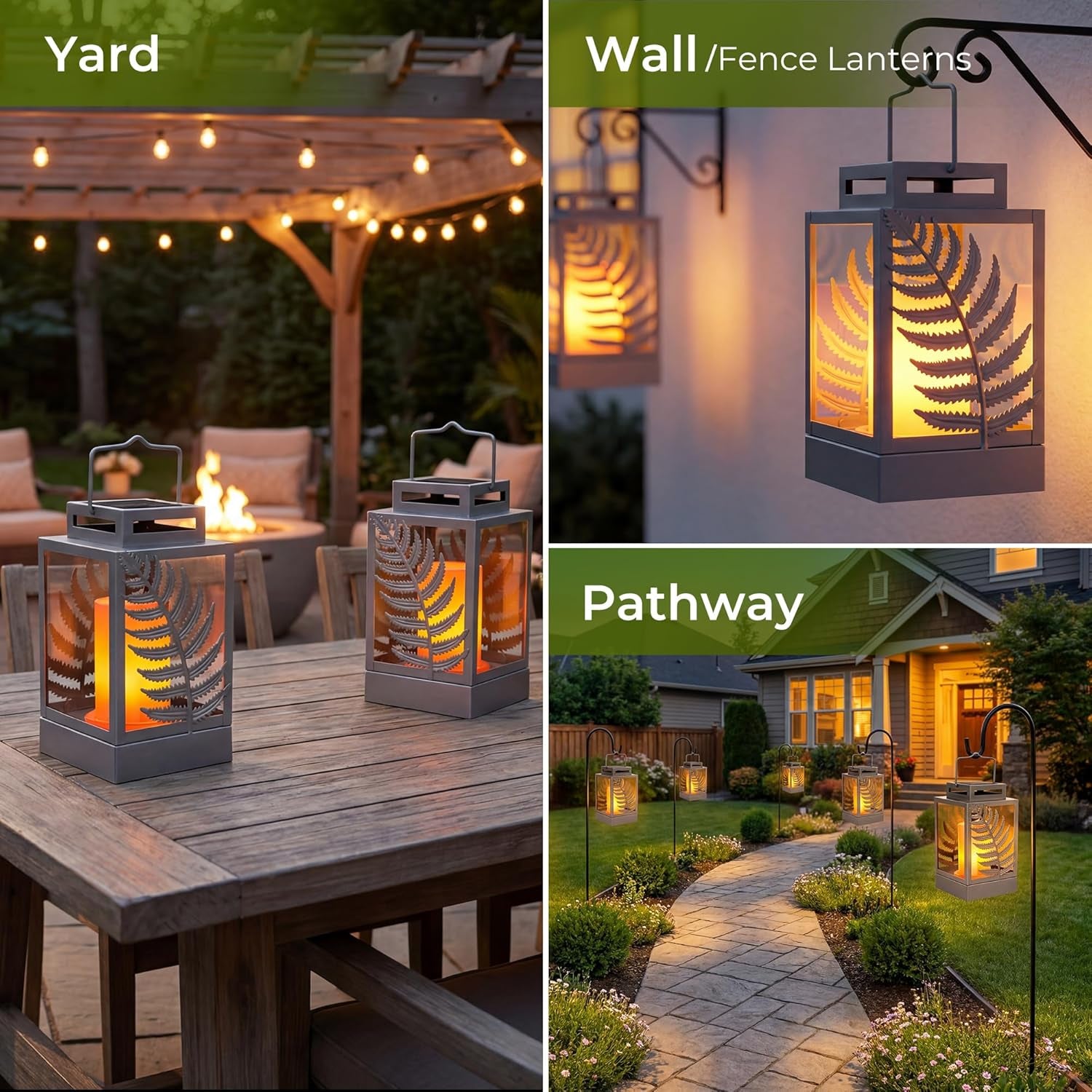 Solar Lights Outdoor with Flickering Flame (2Pack Grey) Upgrade Metal Solar Powered Lantern Landscape Leaf Decorative Hanging Lighting Waterproof LED Umbrella Light for Patio Garden Deck Yard