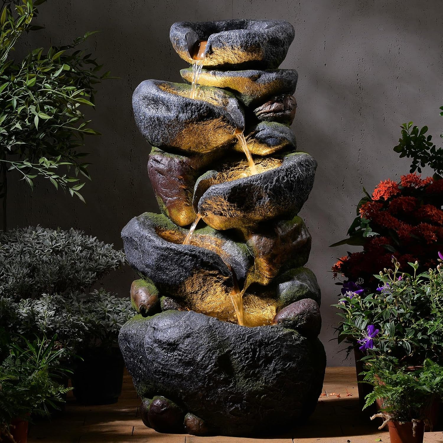 36.2''Tall Rock Outdoor Water Fountain, 5 Tiers Cascading Natural Outdoor Fountains and Waterfalls with LED Lights, Water Feature for Garden, Patio, Deck, Backyard Decor