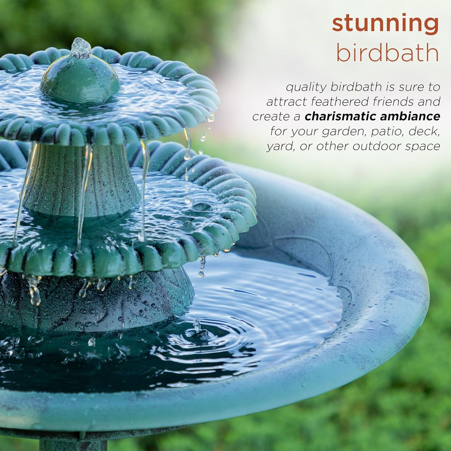 35" Tall 3-Tier Outdoor Pedestal Water Fountain – Durable Resin Cascading Water Feature and Birdbath for Garden, Patio, Deck, and Backyard, Green