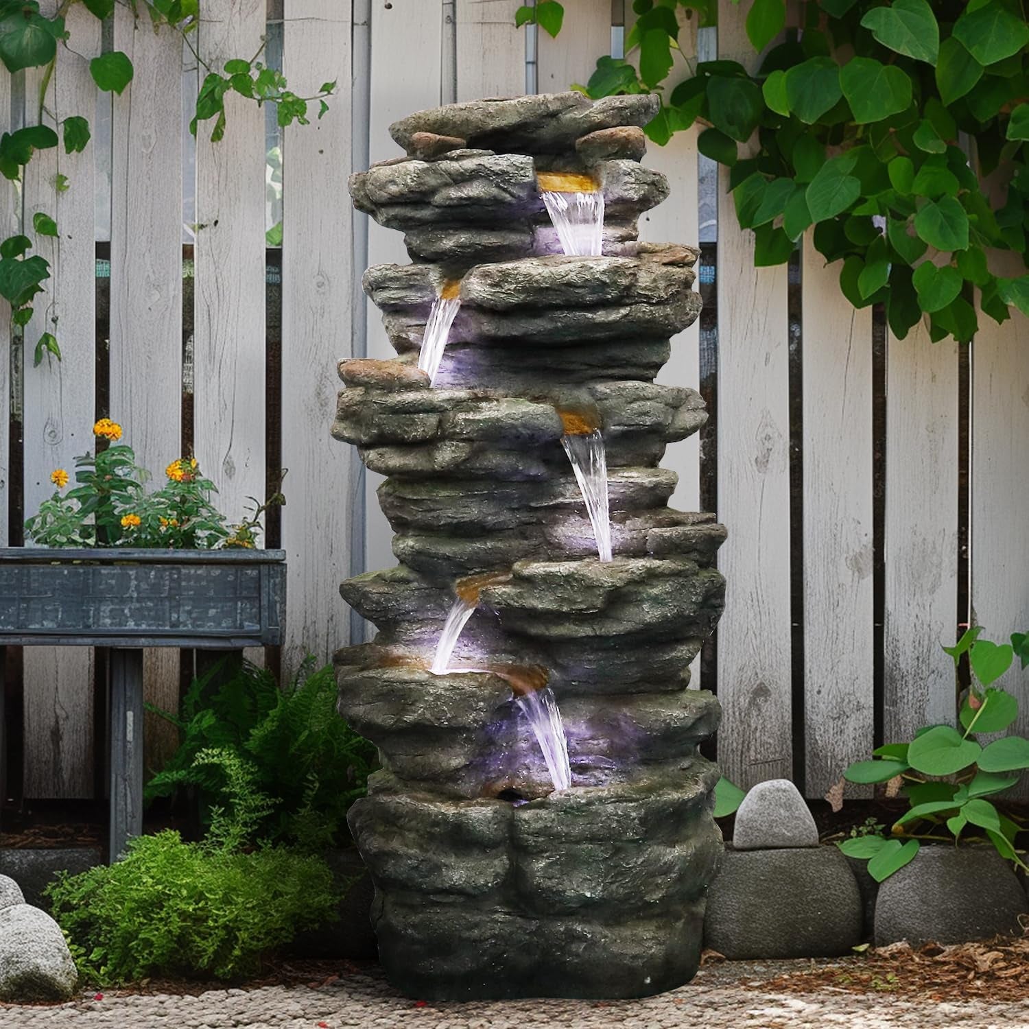 40" High 6-Tiers Cascading Rock Outdoor Water Fountain with LED Lights - Large Outdoor Fountains and Waterfalls for Garden or Patio, Yard, and Deck Decor, Featuring Natural Stone Look