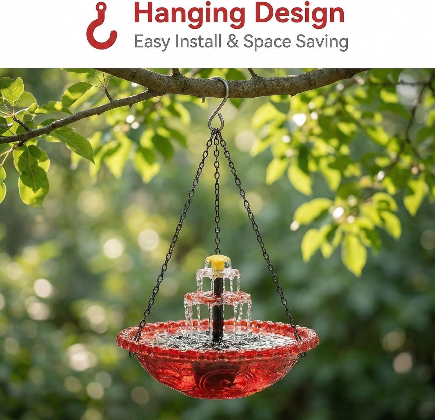 Solar Cascade Hanging Bird Bath Fountain, 2026 Upgraded Hanging Bird Bath with Flowing Water for Outdoors Garden Patio Backyard Lawn Decor (Red)