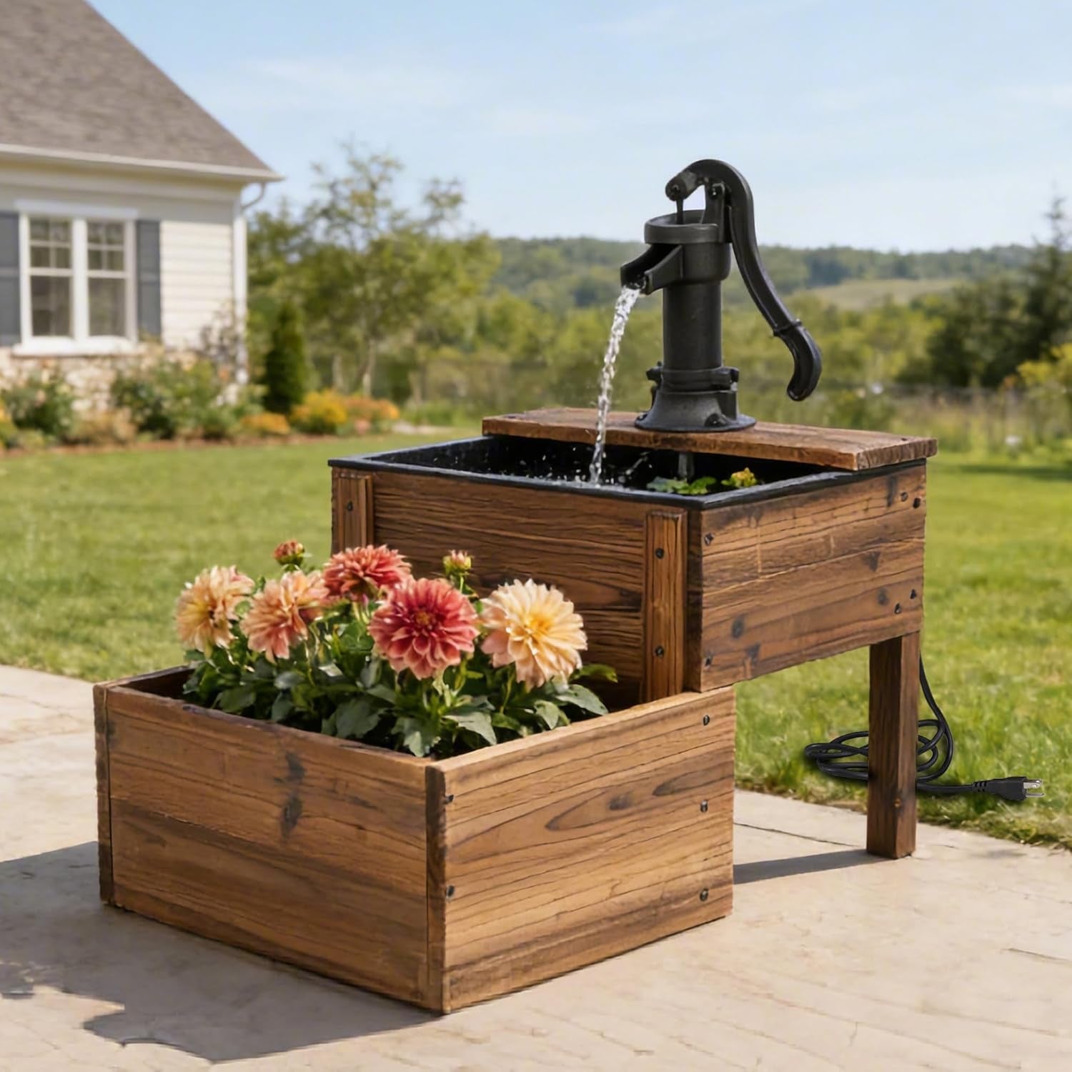 Solar Powered Water Fountain with Planter, 2-Tier Cascading Wooden Garden Fountain for Outdoor, Rustic Wood Barrel Water Feature with Solar Pump for Patio, Backyard, Porch, Yard Decor