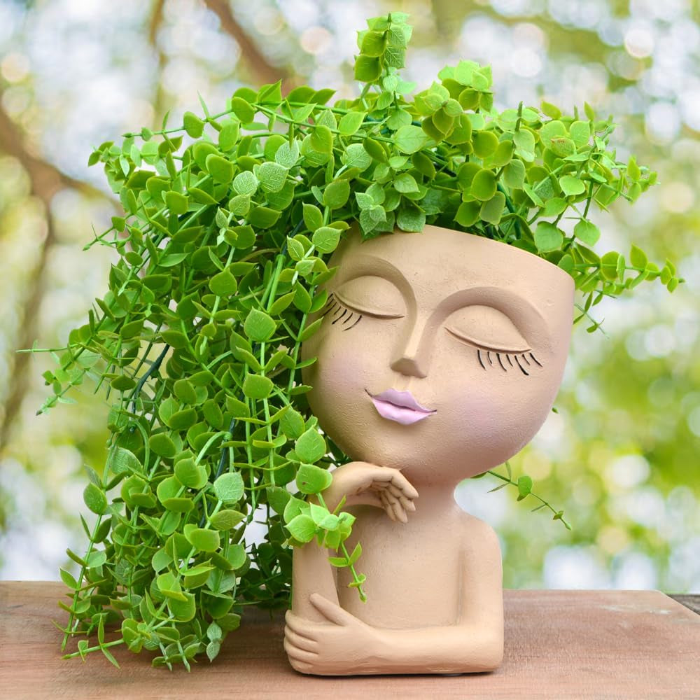 Face Planters Pots Head Planter, Plant Pots with Heads for Plants, Lady Statue Plant Pot, Unique Flower Pots with Drainage, Thinking Women Statue, Boho Vase, Cute Vases Home Decor Gift (7 Inch Khaki)