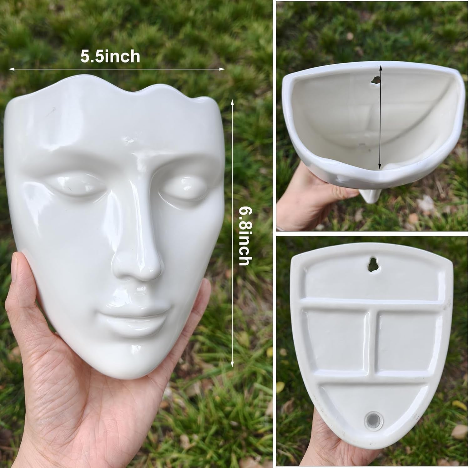 Ceramic Face Wall Planter, White Head Vase with Drainage Hole, Modern Art Indoor Outdoor Wall Mounted Succulent Planter, Elegant Home Garden Decor