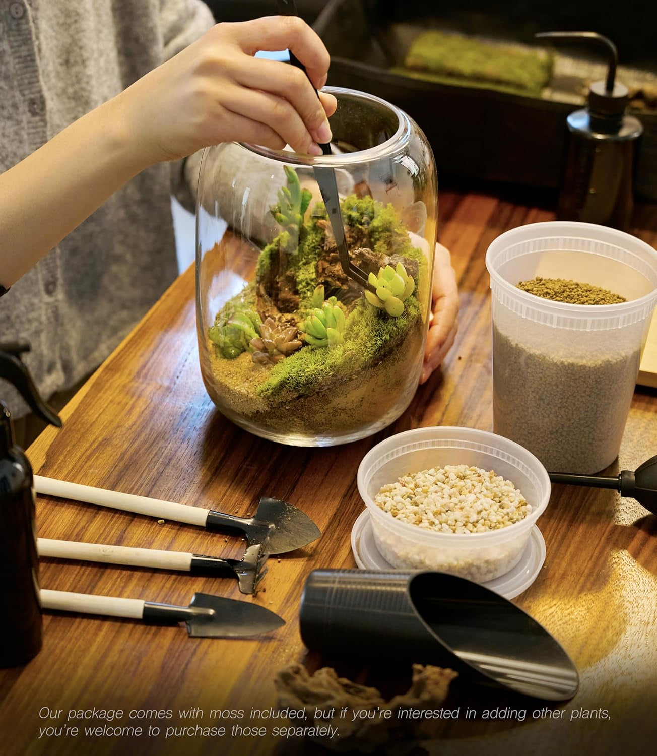 Terrarium Kit with Grow Light – 24-Piece DIY Glass Terrarium Set with Tools, Moss, Driftwood, Soil & Pebbles – Mini Gardening Kit for Air Plants, Succulents & Indoor Desk Decoration Gift