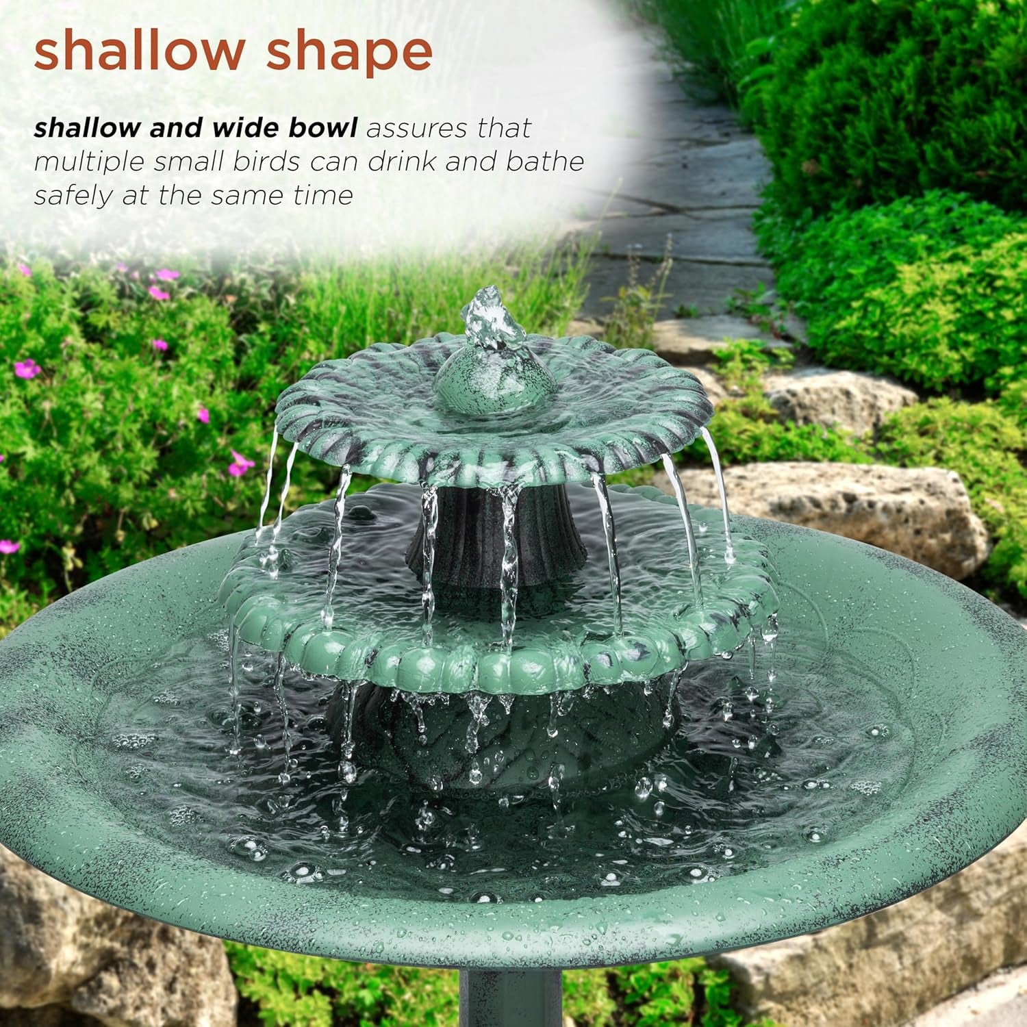 35" Tall 3-Tier Outdoor Pedestal Water Fountain – Durable Resin Cascading Water Feature and Birdbath for Garden, Patio, Deck, and Backyard, Green