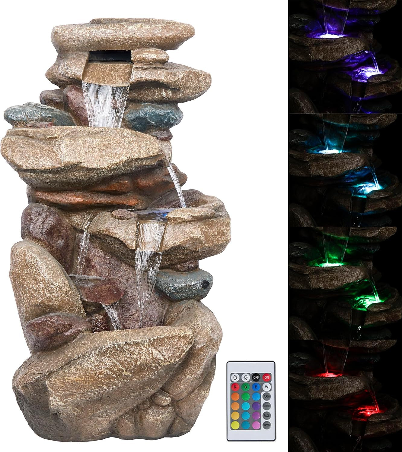 | 40" 4-Tier Rock Floor Fountain with Cascading Water & White LED Lights, Tranquil Outdoor Water Feature for Garden, Patio, Yard & Deck, Light Gray