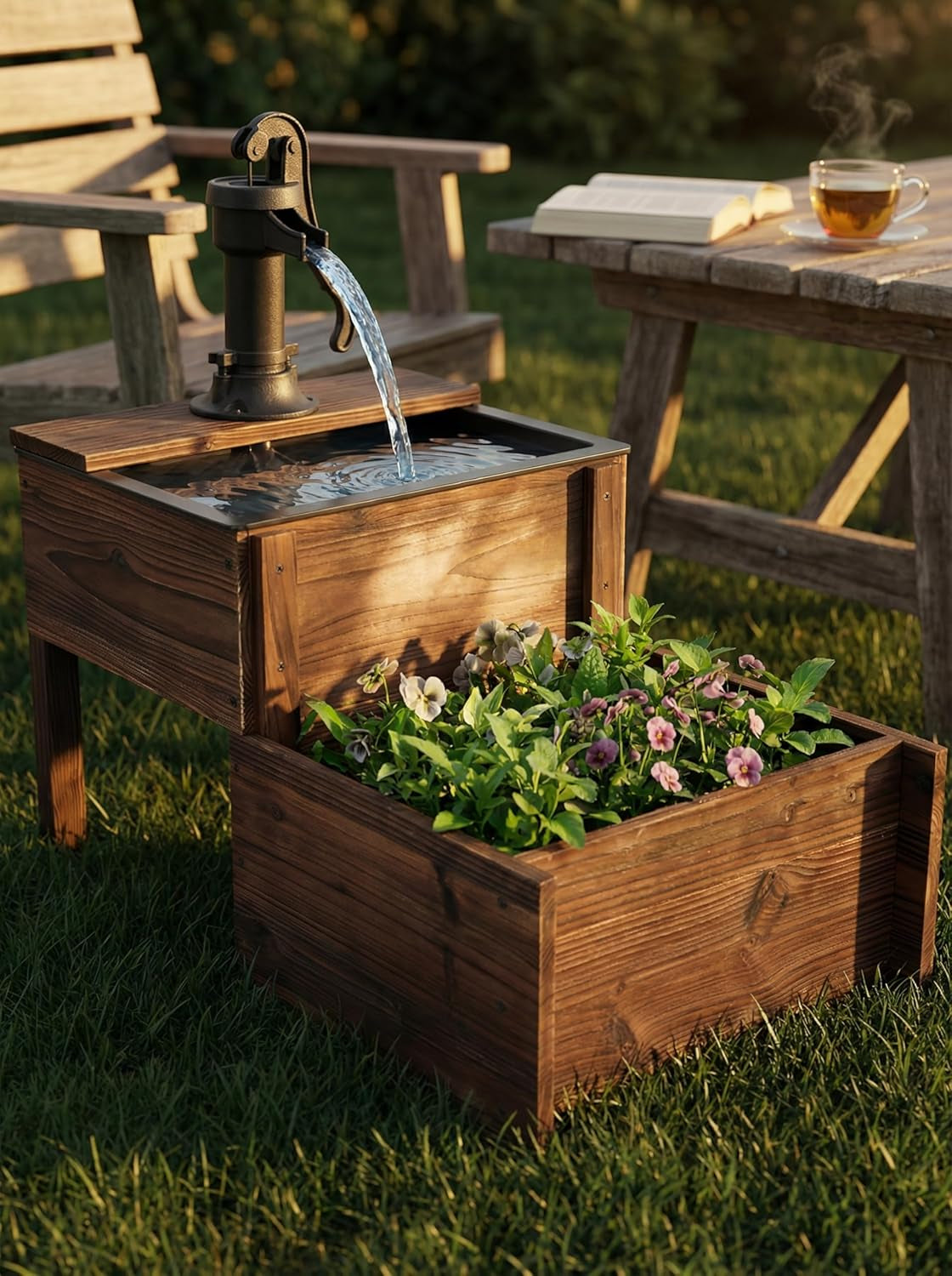 Outdoor Water Fountain，Floor Wooden Rectangular Double-Layer Old-Fashioned Pump Fountain with Flower Box，Plug-In Electric Decorative Hand Pump,Outdoor Water Feature for Garden Patio Backyard