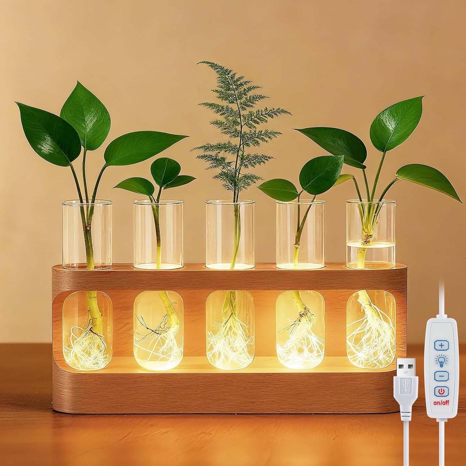 Plant Propagation Station with 9-Level Dimmable LED Light, 5 Glass Test Tube Vases, Wooden Stand for Hydroponic Plants, Gardening Gift for Women & Plant Lovers, Desktop Terrarium & Home Decor
