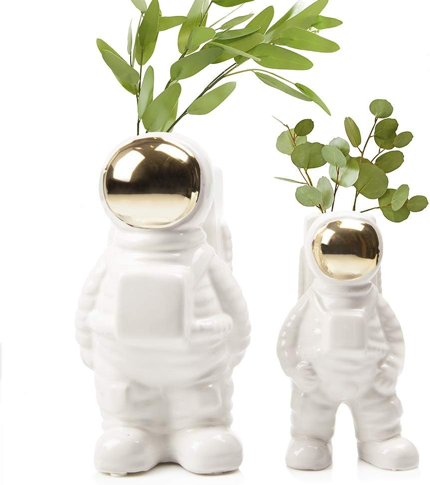 - Astronaut Shape Vase, Planter Simple Modern Flower Bud Vase, White and Gold (Medium)