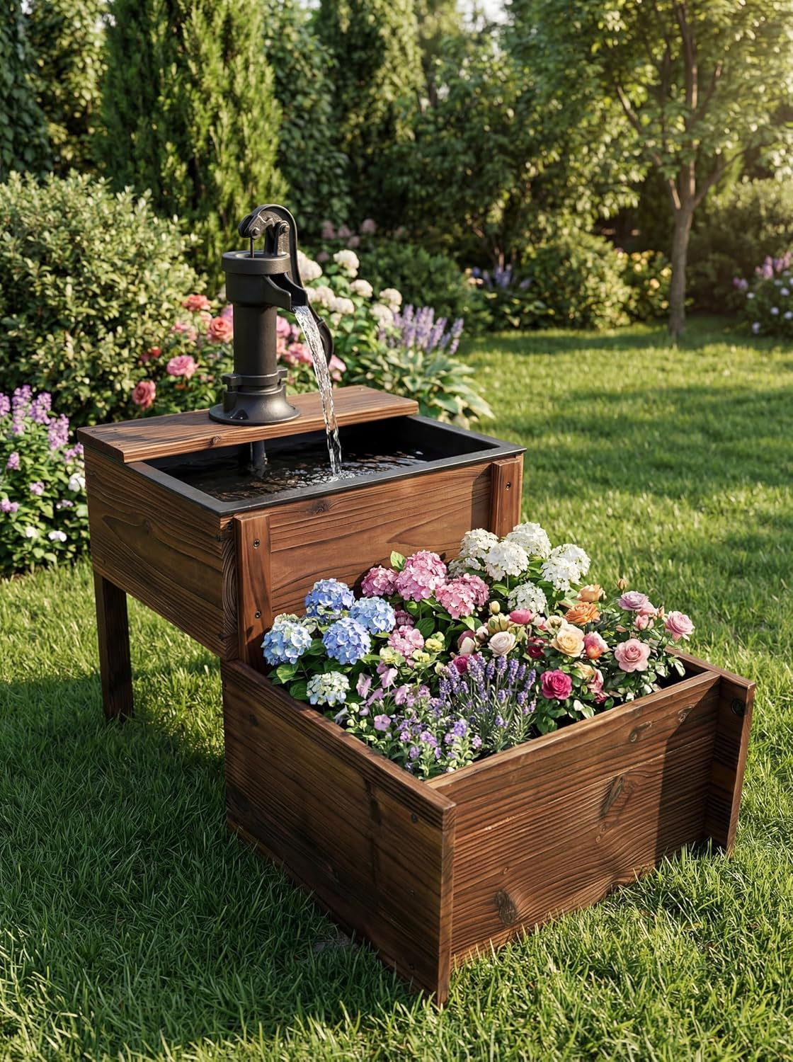 Outdoor Water Fountain，Floor Wooden Rectangular Double-Layer Old-Fashioned Pump Fountain with Flower Box，Plug-In Electric Decorative Hand Pump,Outdoor Water Feature for Garden Patio Backyard