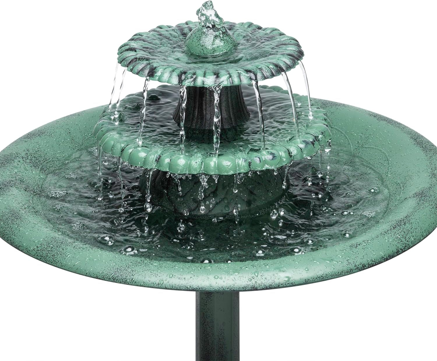 35" Tall 3-Tier Outdoor Pedestal Water Fountain – Durable Resin Cascading Water Feature and Birdbath for Garden, Patio, Deck, and Backyard, Green
