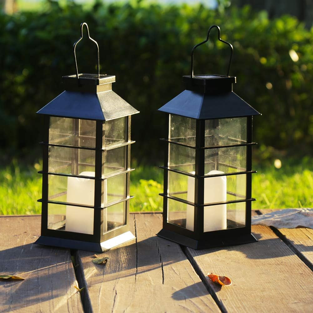 2 Pack Outdoor Garden Hanging Lanterns with Waterproof LED Flickering Flameless Candle Solar Powered Lights Yard Decor Outdoor Decorative for Pathway Courtyard Party Patio Christmas (Black)