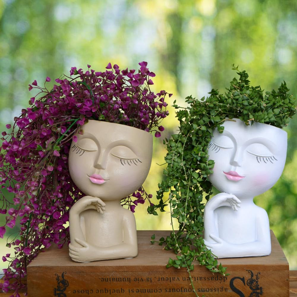 Face Planters Pots Head Planter, Plant Pots with Heads for Plants, Lady Statue Plant Pot, Unique Flower Pots with Drainage, Thinking Women Statue, Boho Vase, Cute Vases Home Decor Gift (7 Inch Khaki)