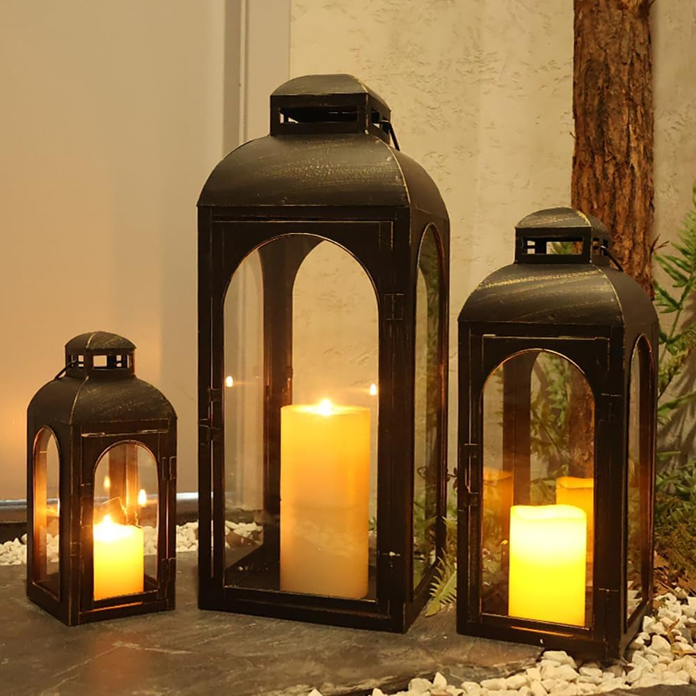 Lanterns Decorative Indoor,Set of 2 Outdoor Lanterns for Porch, 20" Metal Frame Candle Holders Hanging Lights,With Glass, Spring, Fall, Christmas