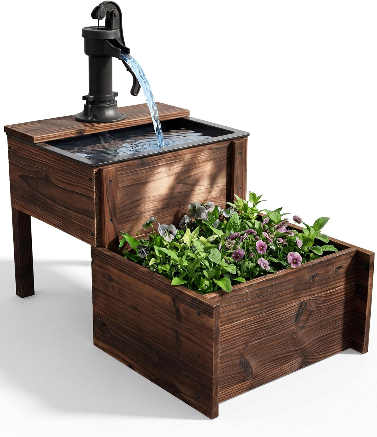 Outdoor Water Fountain，Floor Wooden Rectangular Double-Layer Old-Fashioned Pump Fountain with Flower Box，Plug-In Electric Decorative Hand Pump,Outdoor Water Feature for Garden Patio Backyard